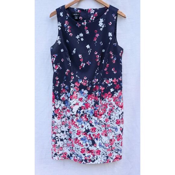 ALYX Navy Floral Knee Length Dress Sz 16 Watercolor Flowers Preppy Wedding Guest - Picture 1 of 4